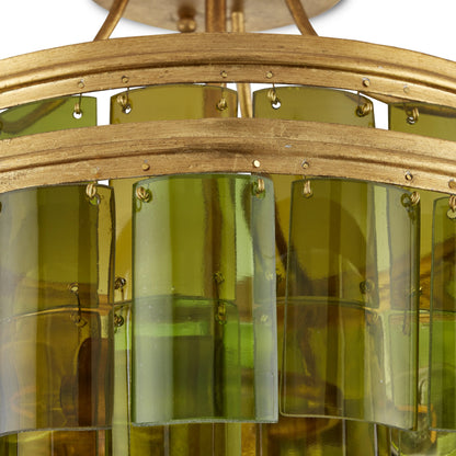 Vintner Semi-Flush by Currey and Company in contemporary gold leaf, green. Made from wrought iron, recycled bottle glass in a modern style.