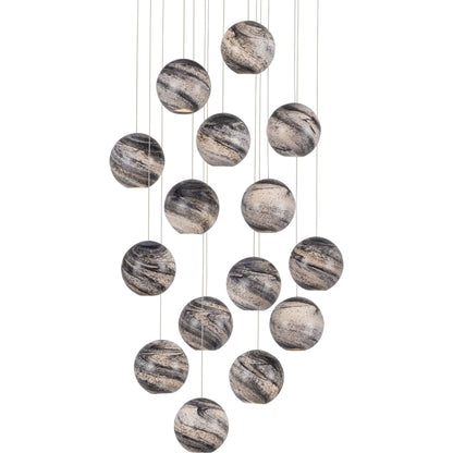 Palatino Round 15-LIGHT Multi-Drop Pendant by Currey and Company in blue marbeled, silver. Made from earth with speckles, glass in a modern style.
