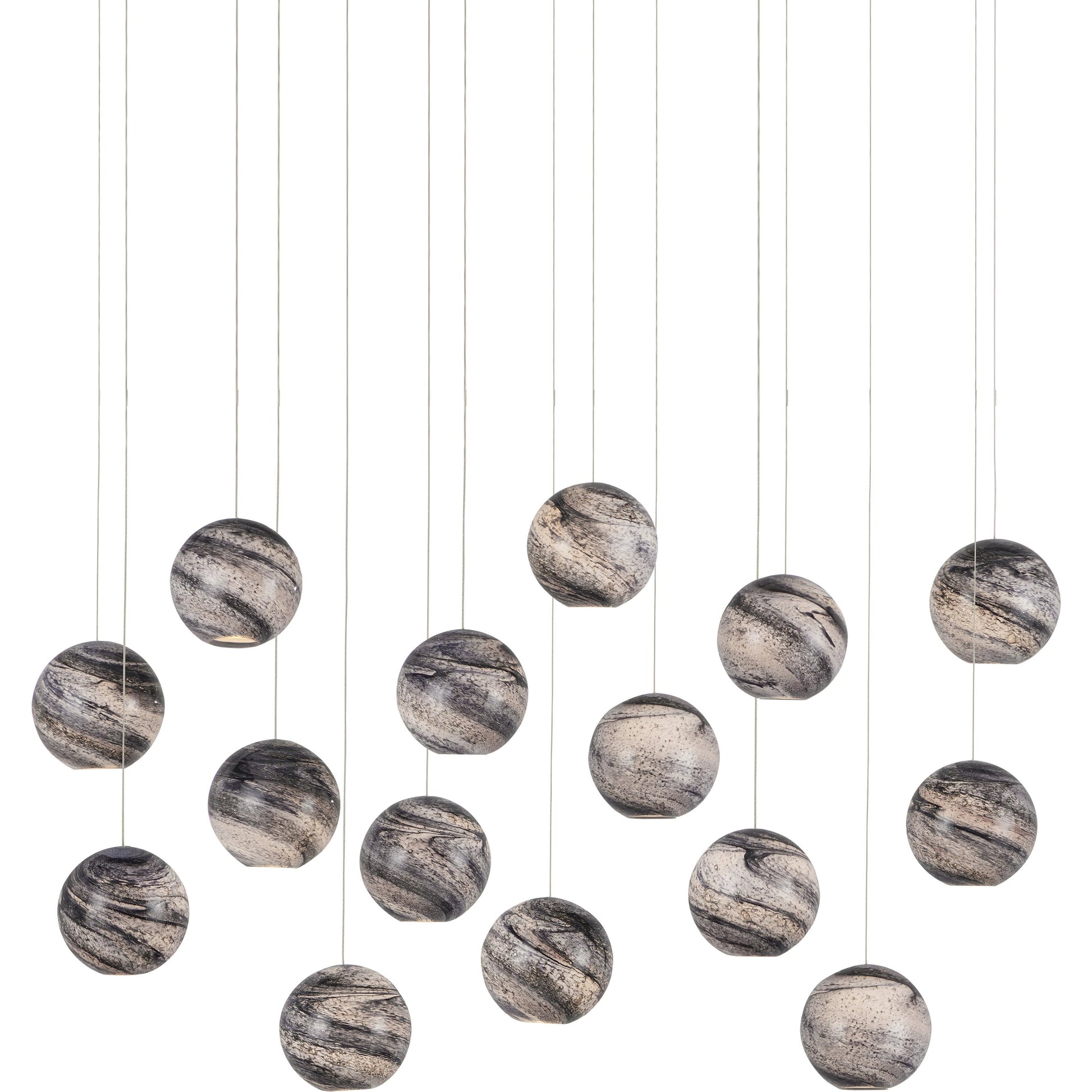 Palatino Rectangular 15-LIGHT Multi-Drop Pendant by Currey and Company in blue marbeled, silver. Made from earth with speckles, glass in a modern style.