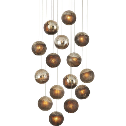 Pathos Round 15-LIGHT Multi-Drop Pendant by Currey and Company in antique silver, antique gold, matte charcoal, silver. Made from glass in a modern style.