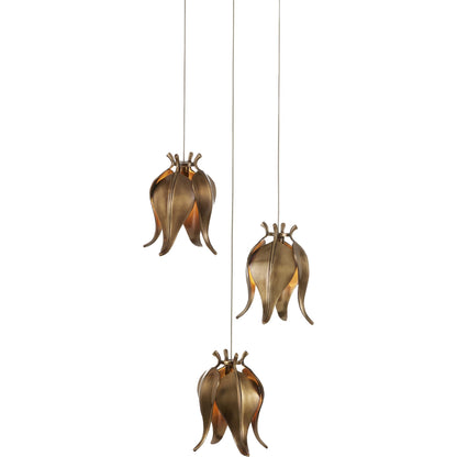 Iota 3-LIGHT Multi-Drop Pendant by Currey and Company in antique brass, silver. Made from brass in a modern style.