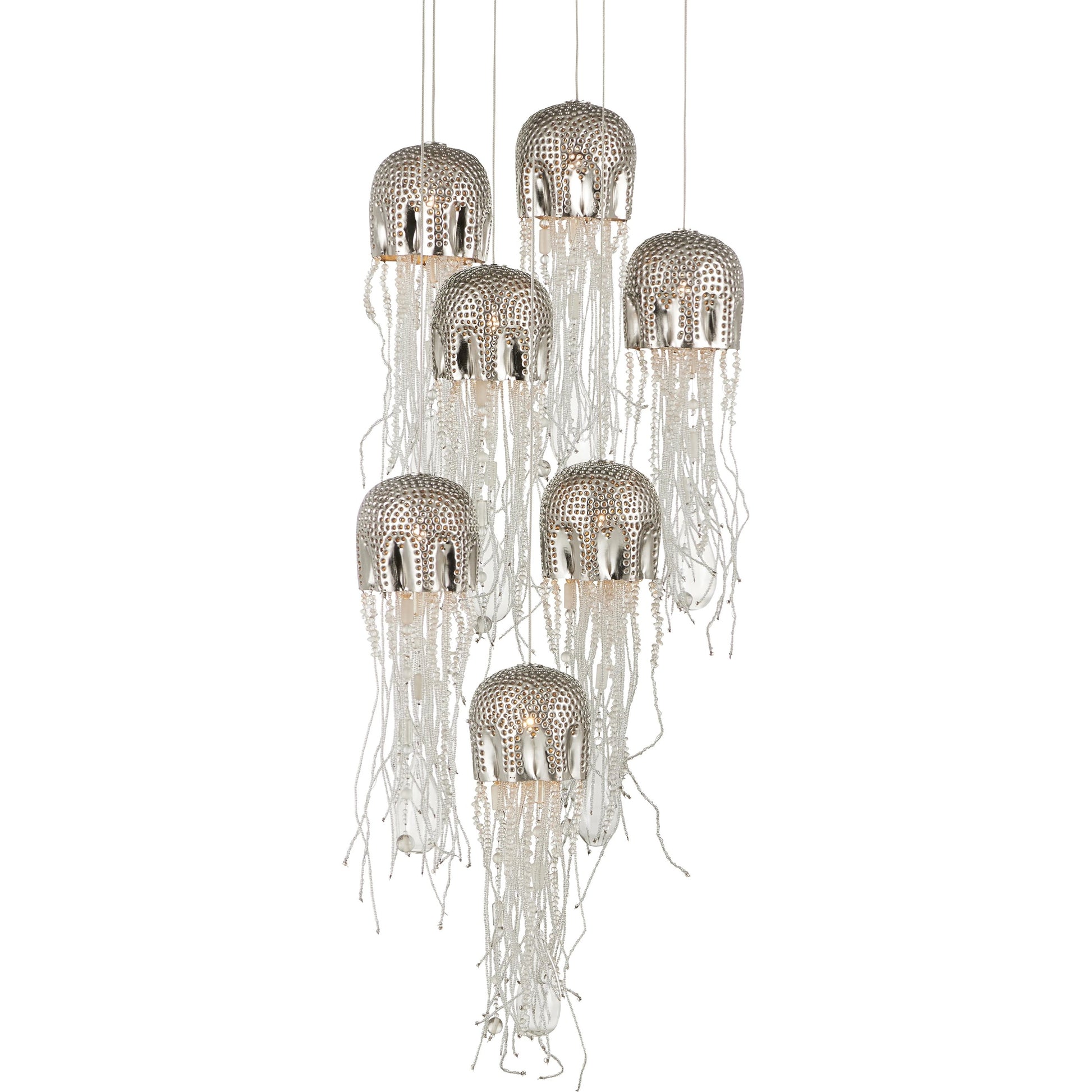 Medusa Round 7-LIGHT Multi-Drop Pendant by Currey and Company in nickel, silver. Made from nickel, steel, glass in a modern style.
