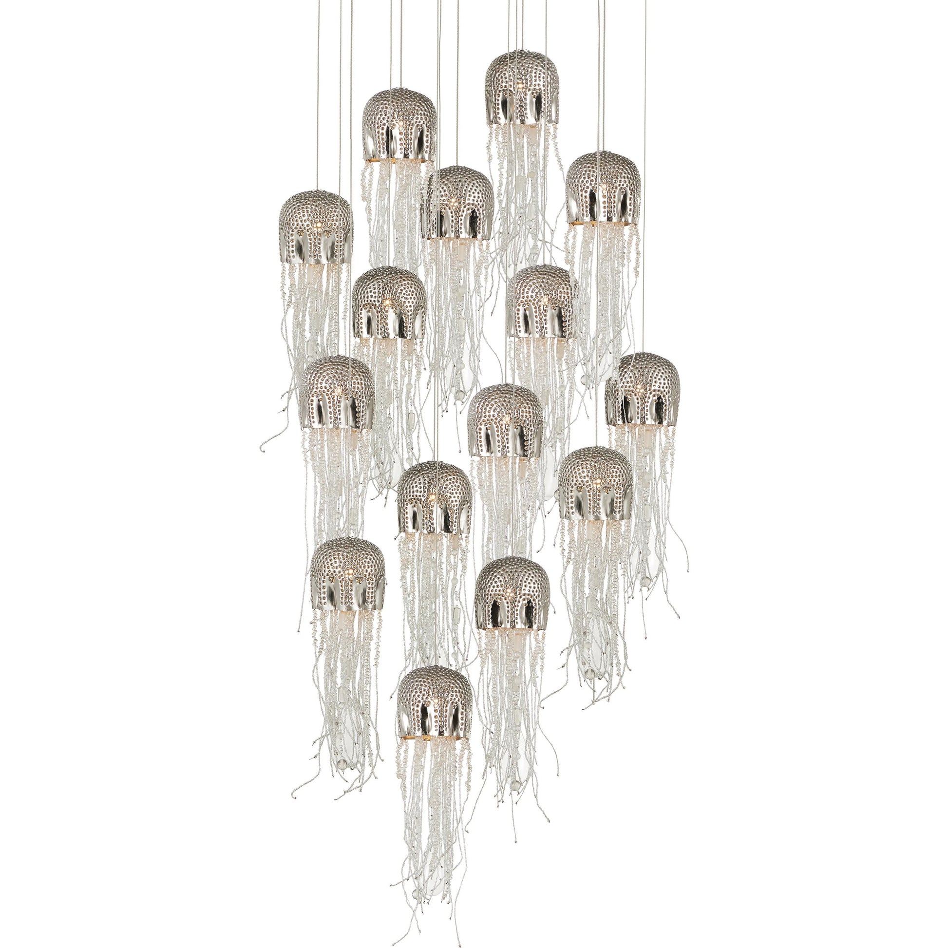 Medusa Round 15-LIGHT Multi-Drop Pendant by Currey and Company in nickel, silver. Made from nickel, steel, glass in a modern style.