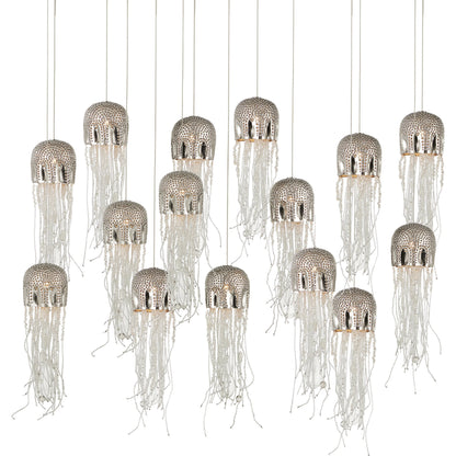 Medusa Rectangular 15-LIGHT Multi-Drop Pendant by Currey and Company in nickel, silver. Made from nickel, steel, glass in a modern style.