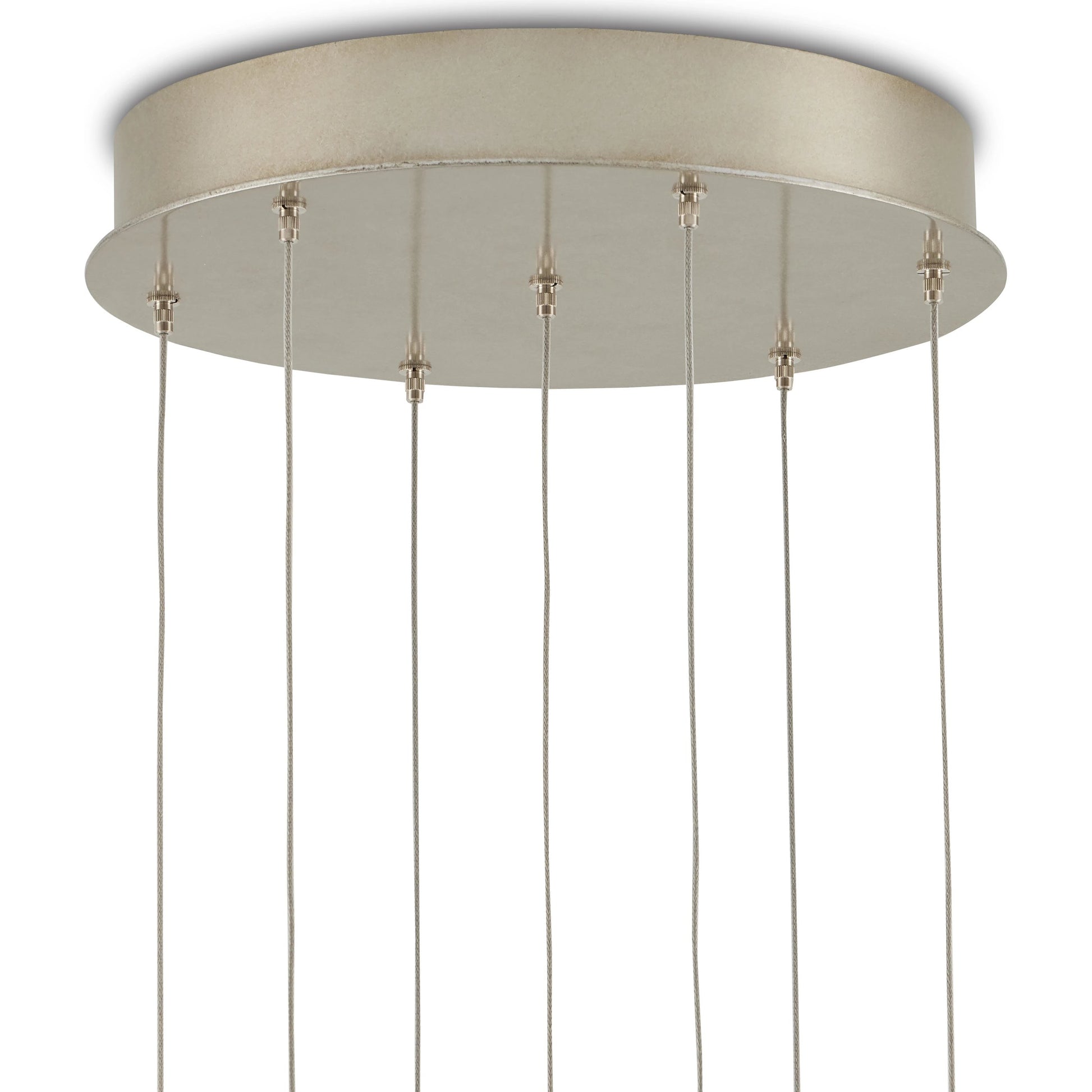 Glace Round 7-LIGHT Multi-Drop Pendant by Currey and Company in white, antique brass, silver. Made from glass, iron in a modern style.