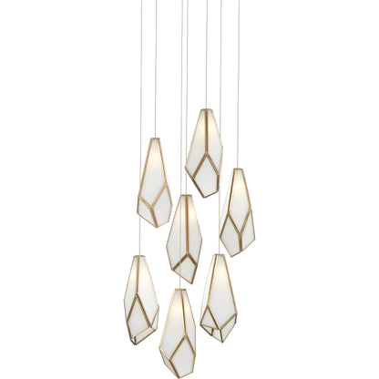 Glace Round 7-LIGHT Multi-Drop Pendant by Currey and Company in white, antique brass, silver. Made from glass, iron in a modern style.