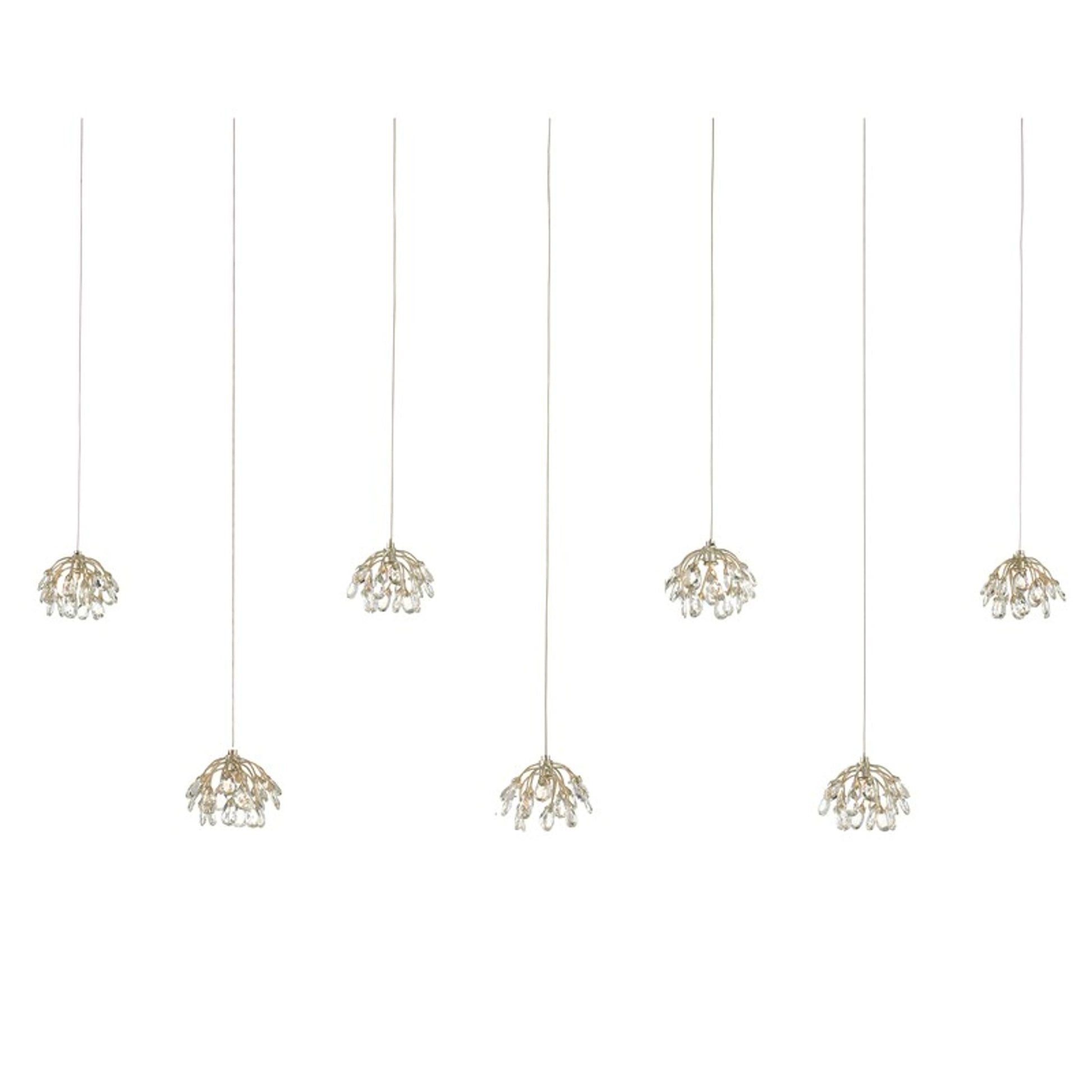Bud Rectangular 7-LIGHT Multi-Drop Pendant by Currey and Company in crystal, contemporary silver, silver. Made from crystal, contemparary silver, wrought iron in a modern style.