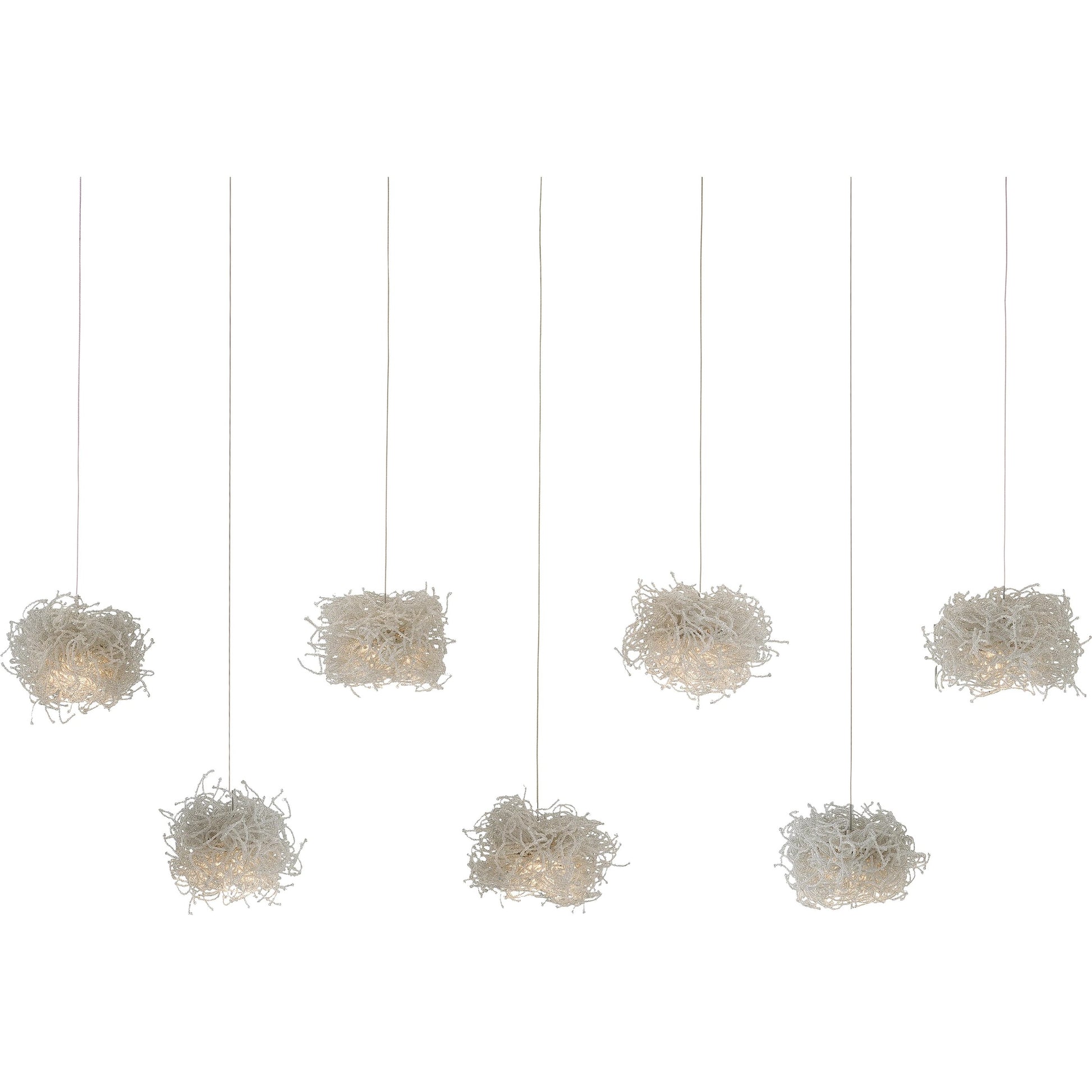 Birds Nest Rectangular 7-LIGHT Multi-Drop Pendant by Currey and Company in clear, silver. Made from glass bead in a modern style.