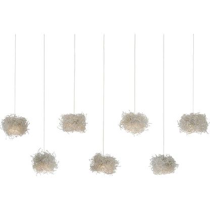 Birds Nest Rectangular 7-LIGHT Multi-Drop Pendant by Currey and Company in clear, silver. Made from glass bead in a modern style.