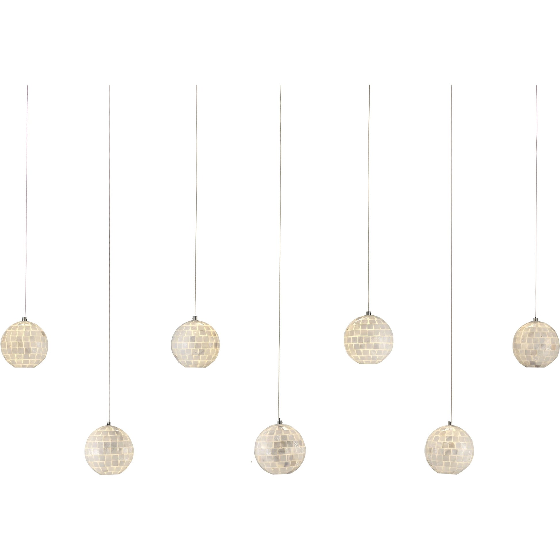 Finhorn Rectangular 7-LIGHT Multi-Drop Pendant by Currey and Company in pearl, silver. Made from pearl, mother of pearl in a modern style.