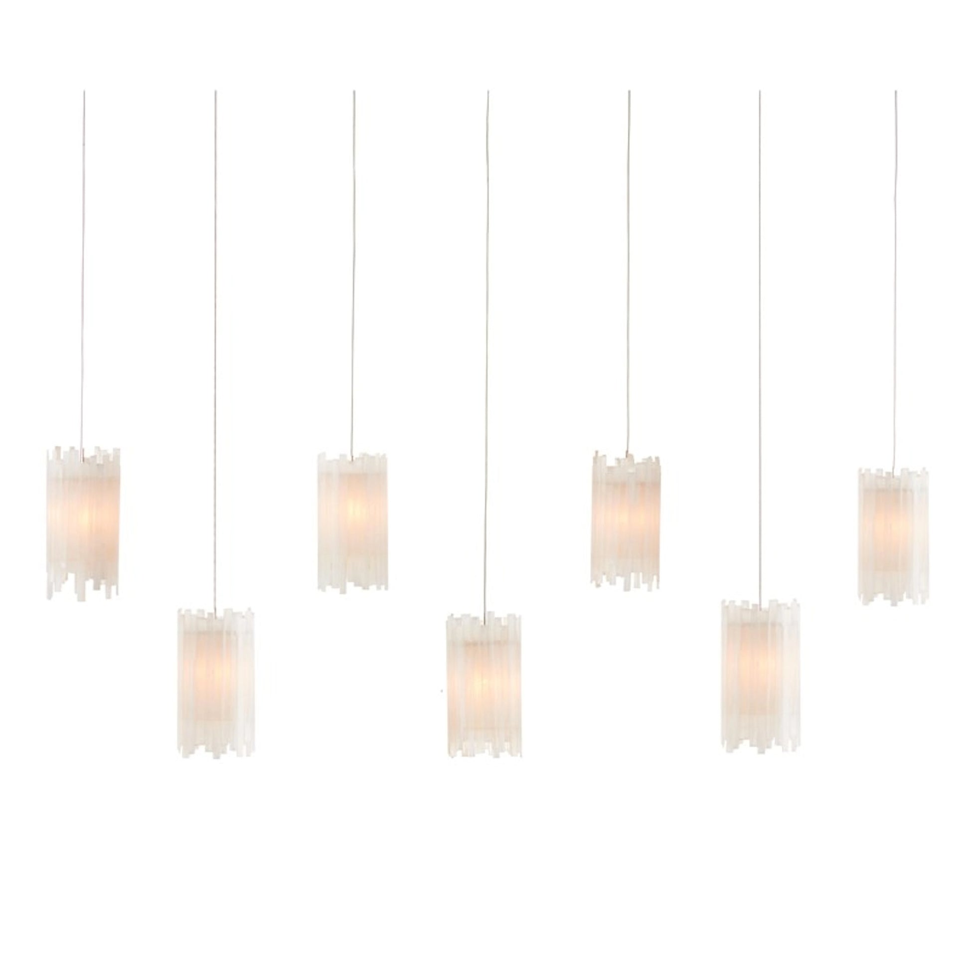 Escenia Rectangular 7-LIGHT Multi-Drop Pendant by Currey and Company in frosted, silver. Made from frosted, selinite, glass in a modern style.