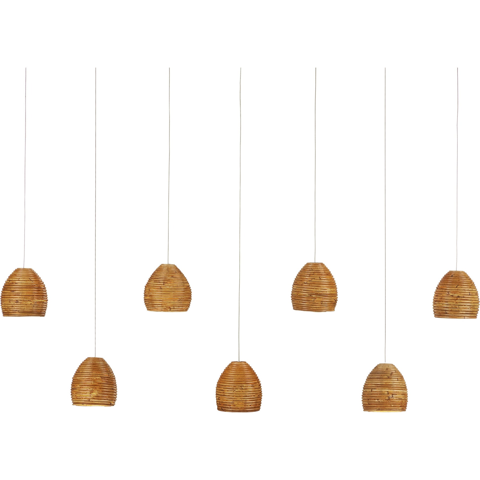 Beehive Rectangular 7-LIGHT Multi-Drop Pendant by Currey and Company in natural rattan, silver. Made from rattan, wood in a modern style.