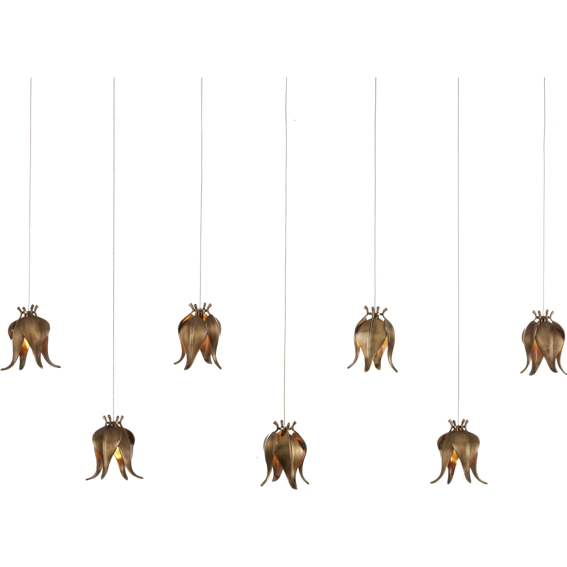 Iota Rectangular 7-LIGHT Multi-Drop Pendant by Currey and Company in antique brass, silver. Made from brass in a modern style.