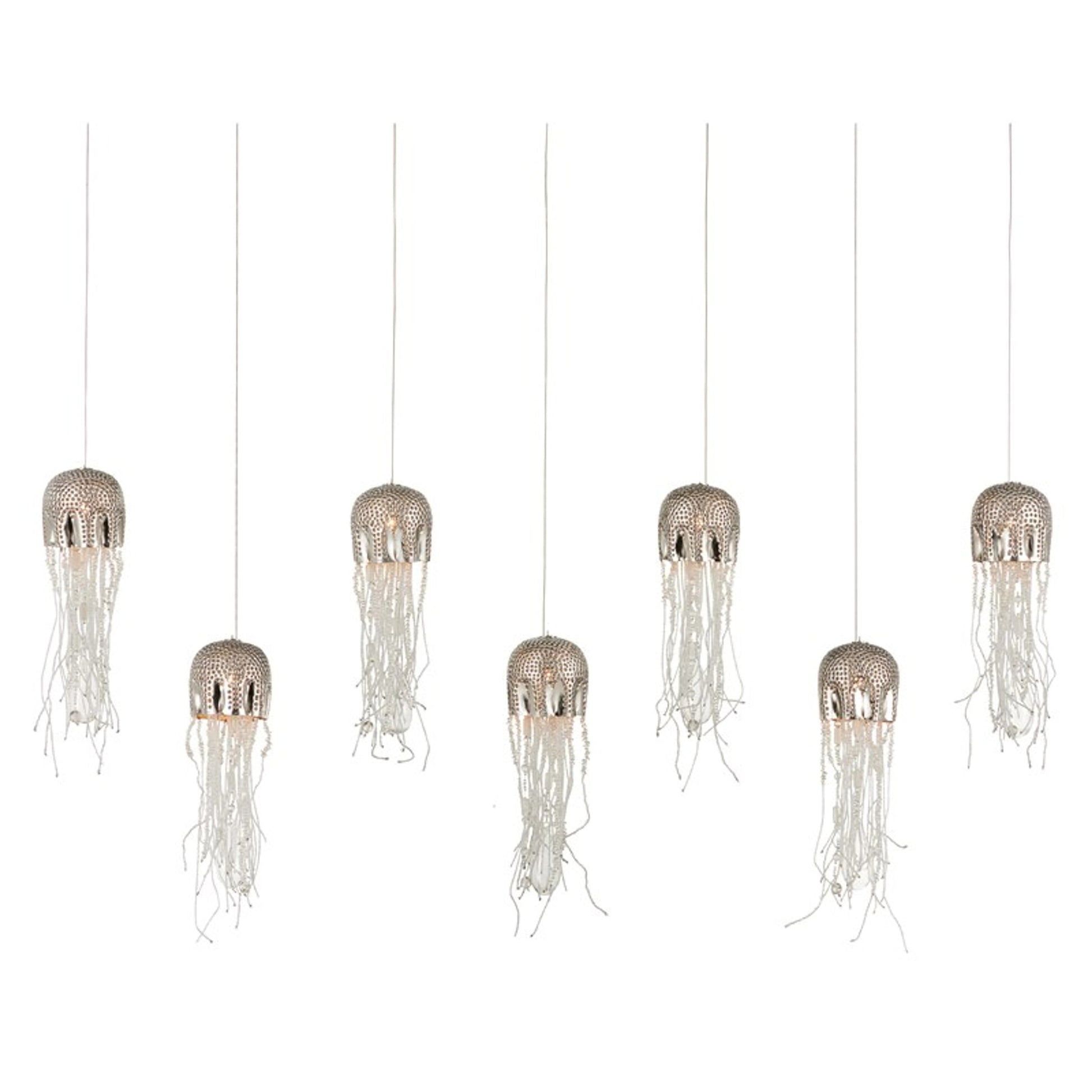 Medusa Rectangular 7-LIGHT Multi-Drop Pendant by Currey and Company in nickel, silver. Made from nickel, steel, glass in a modern style.