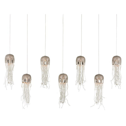 Medusa Rectangular 7-LIGHT Multi-Drop Pendant by Currey and Company in nickel, silver. Made from nickel, steel, glass in a modern style.