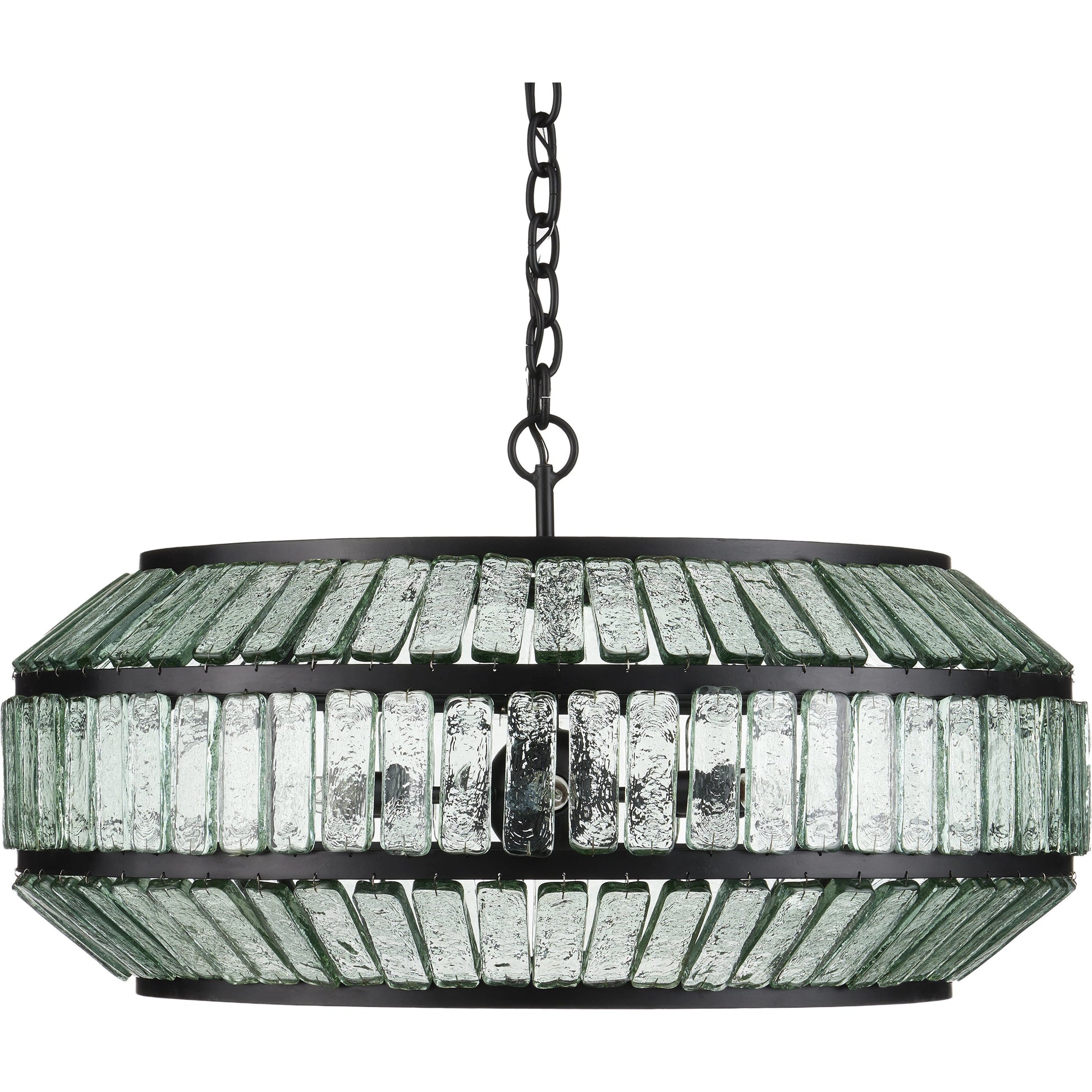 Centurion Recycled Glass Chandelier by Currey and Company in clear, satin black. Made from recycled glass, wrought iron in a traditional style.