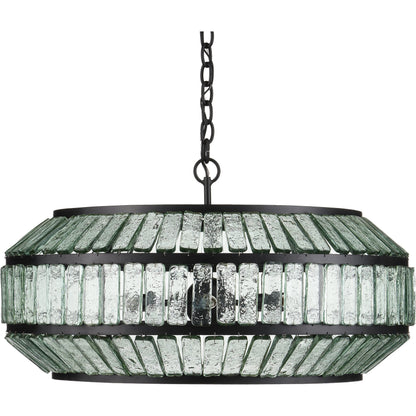 Centurion Recycled Glass Chandelier by Currey and Company in clear, satin black. Made from recycled glass, wrought iron in a traditional style.