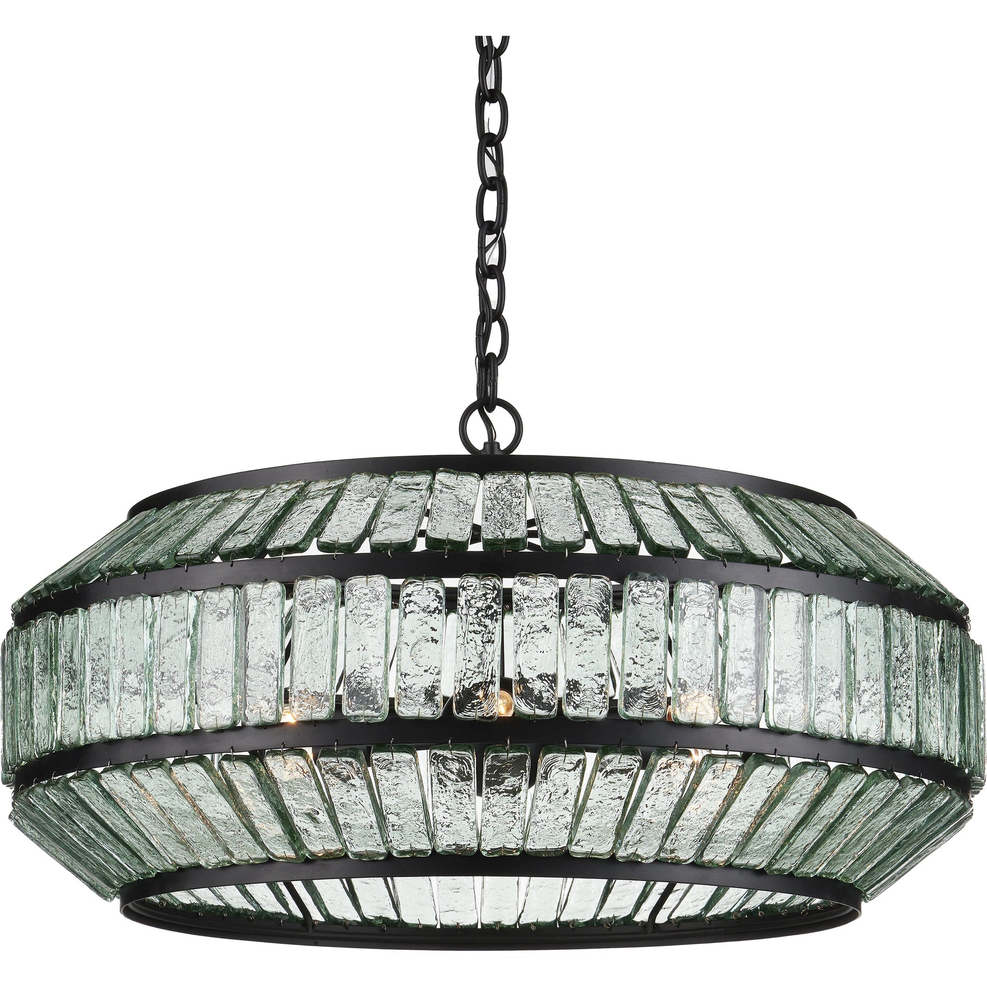 Centurion Recycled Glass Chandelier by Currey and Company in clear, satin black. Made from recycled glass, wrought iron in a traditional style.