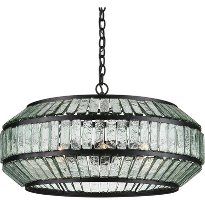 Centurion Recycled Glass Chandelier by Currey and Company in clear, satin black. Made from recycled glass, wrought iron in a traditional style.