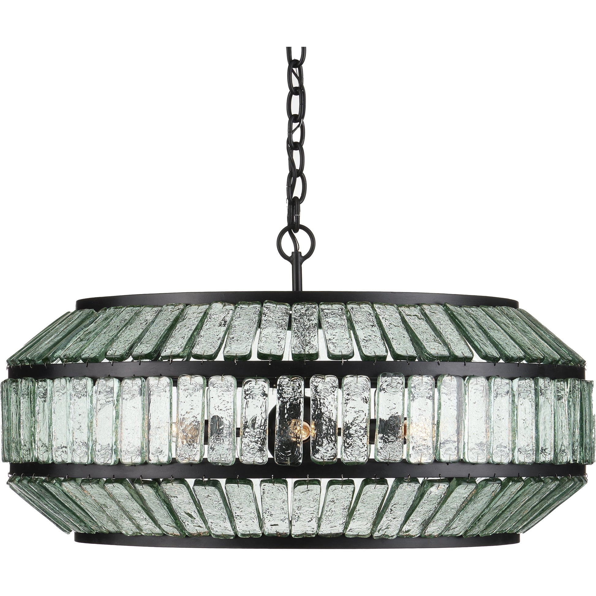 Centurion Recycled Glass Chandelier by Currey and Company in clear, satin black. Made from recycled glass, wrought iron in a traditional style.