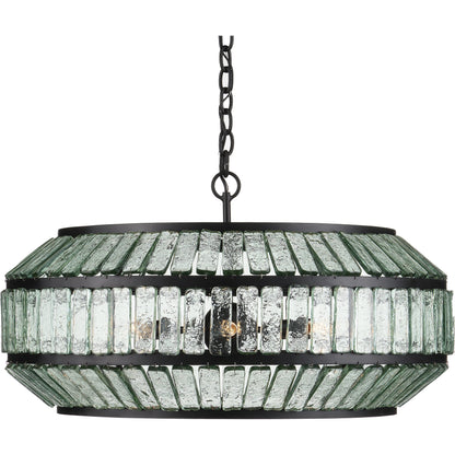 Centurion Recycled Glass Chandelier by Currey and Company in clear, satin black. Made from recycled glass, wrought iron in a traditional style.