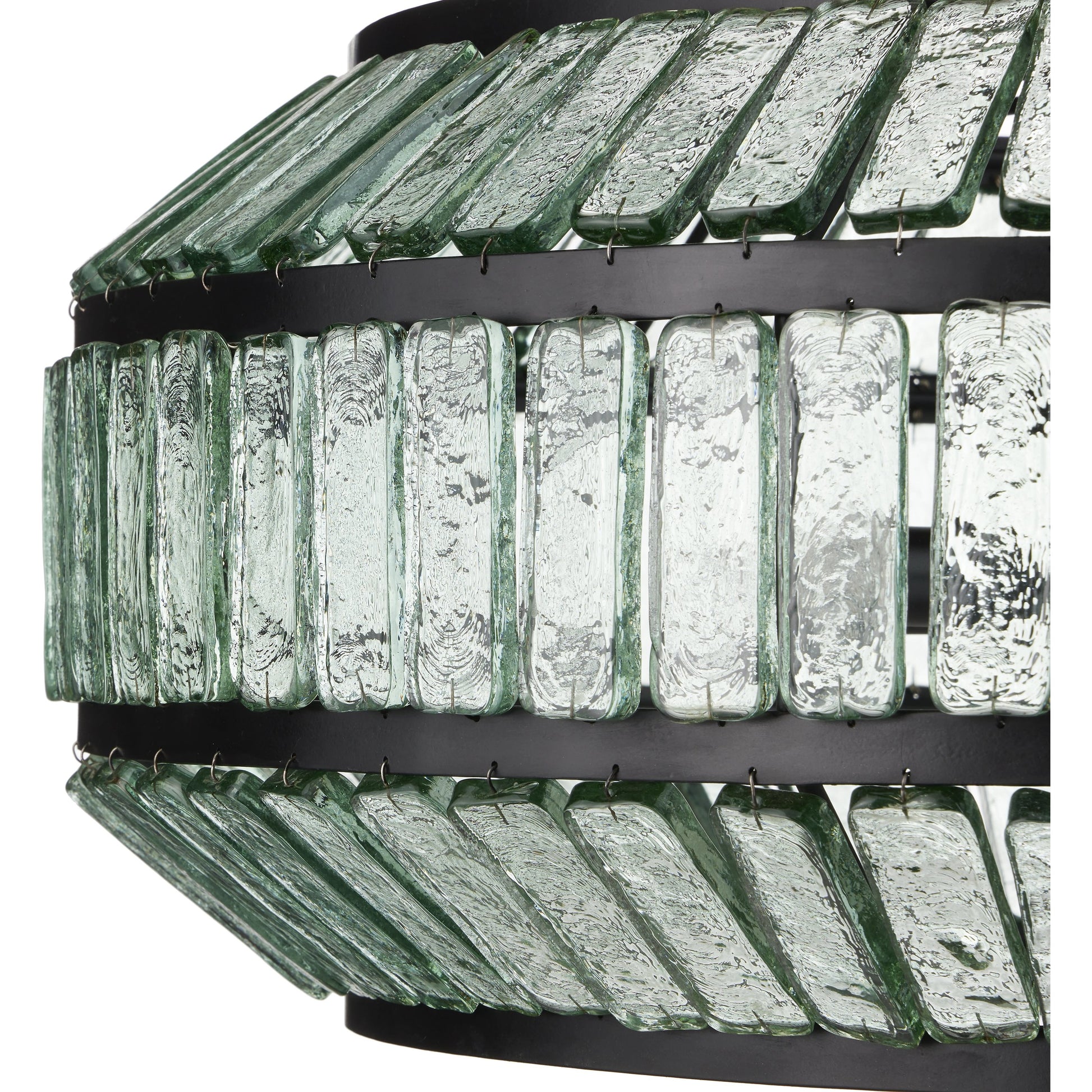 Centurion Recycled Glass Chandelier by Currey and Company in clear, satin black. Made from recycled glass, wrought iron in a traditional style.