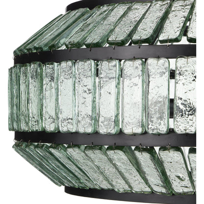 Centurion Recycled Glass Chandelier by Currey and Company in clear, satin black. Made from recycled glass, wrought iron in a traditional style.