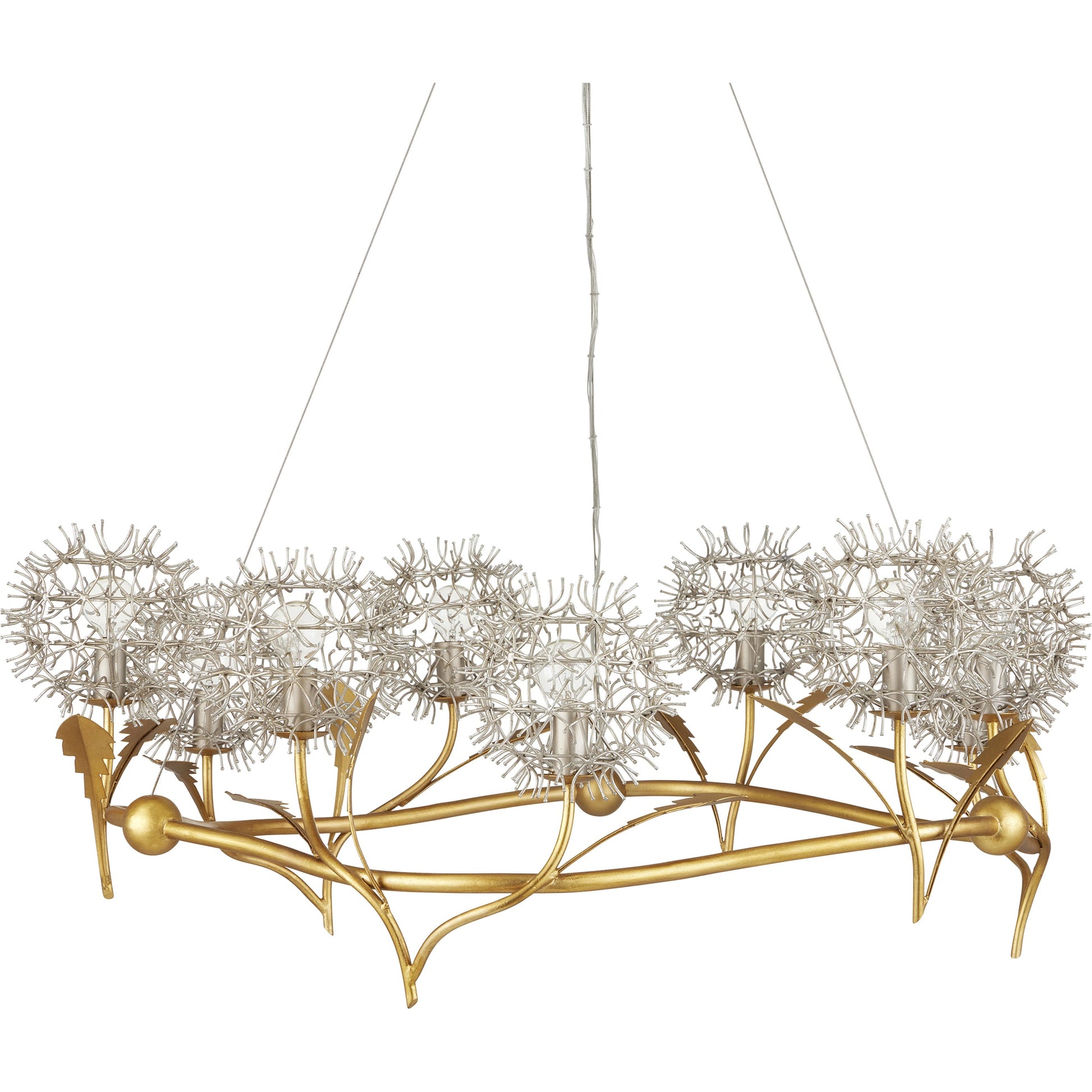 Dandelion Chandelier by Currey and Company in contemporary silver leaf, contemporary gold leaf. Made from wrought iron in a modern style.