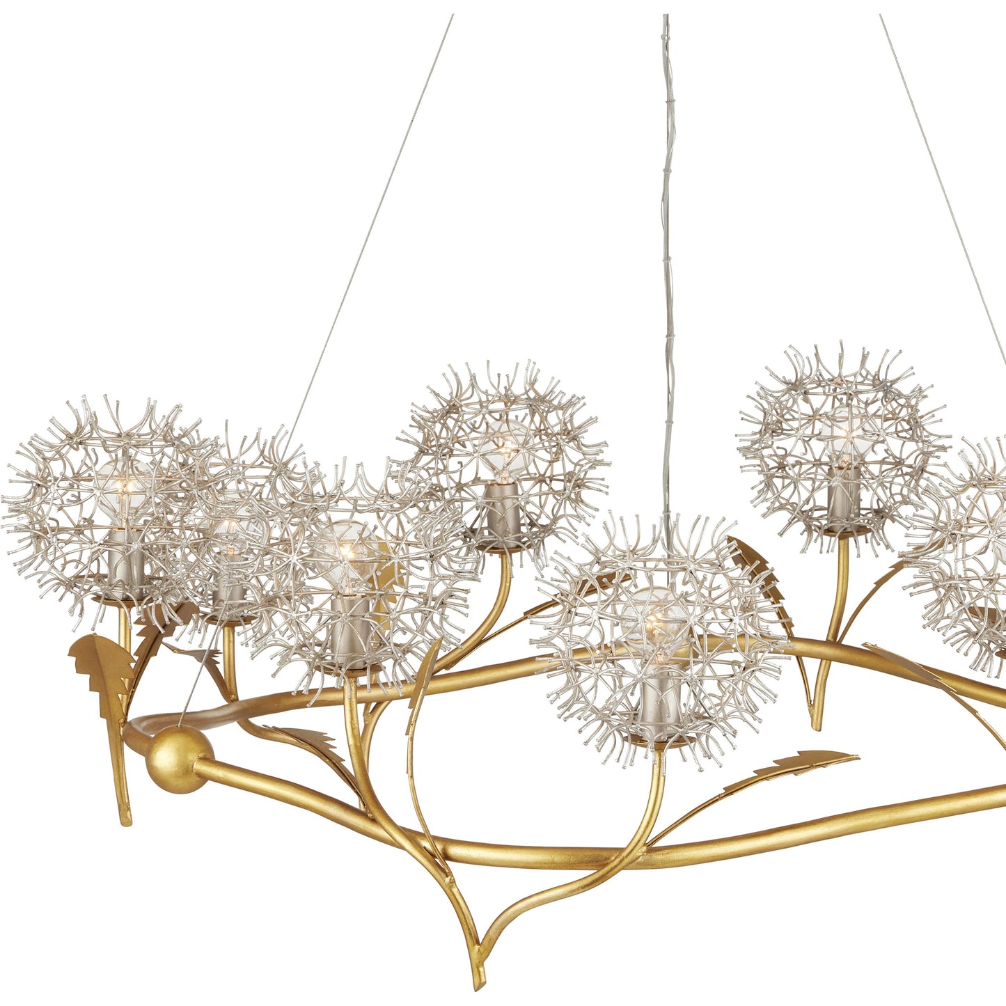 002 SI-2007716 | Additional Silo | Dandelion Chandelier by Currey and Company in contemporary silver leaf, contemporary gold leaf. Made from wrought iron in a modern style.