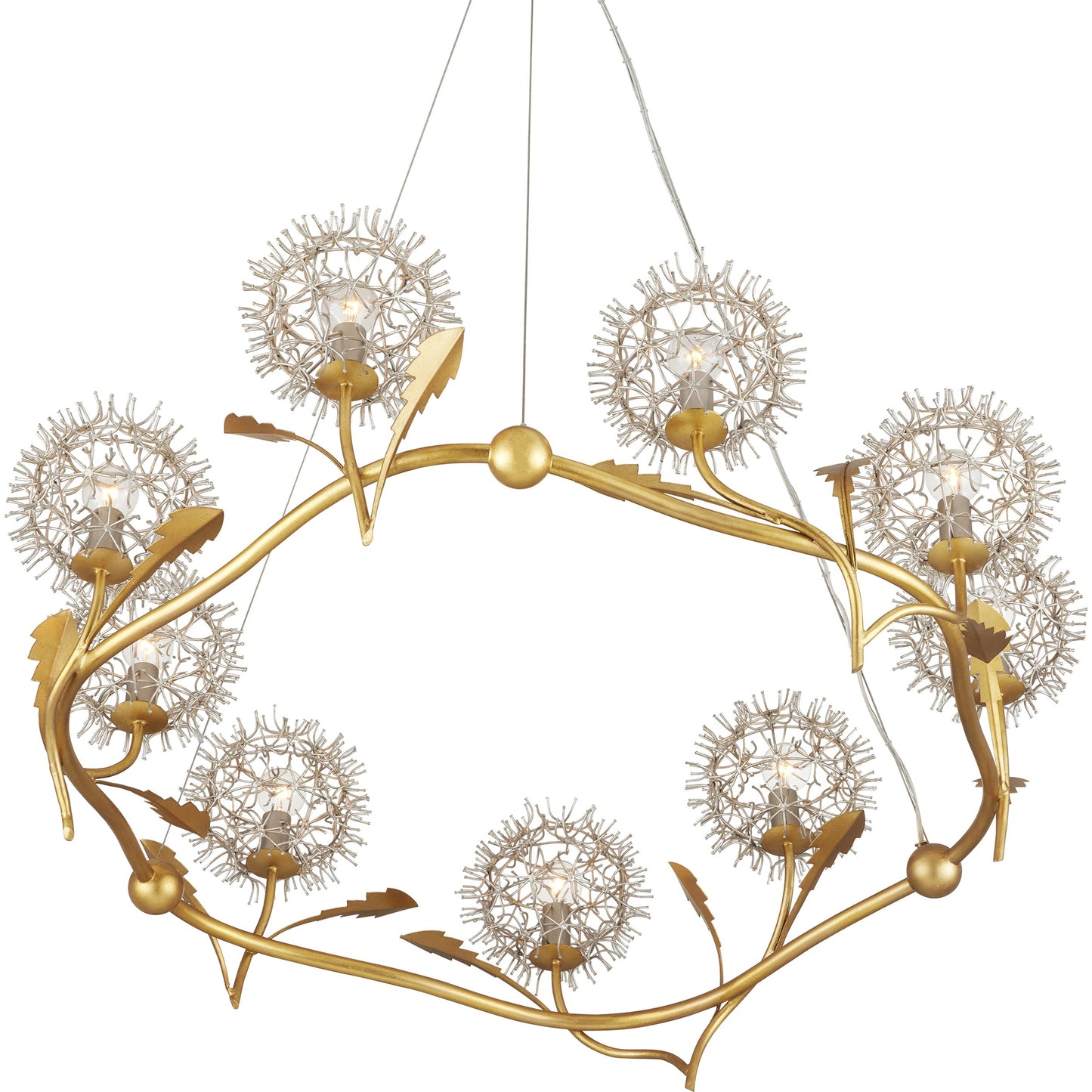 004 SI-2007716 | Closeup | Dandelion Chandelier by Currey and Company in contemporary silver leaf, contemporary gold leaf. Made from wrought iron in a modern style.