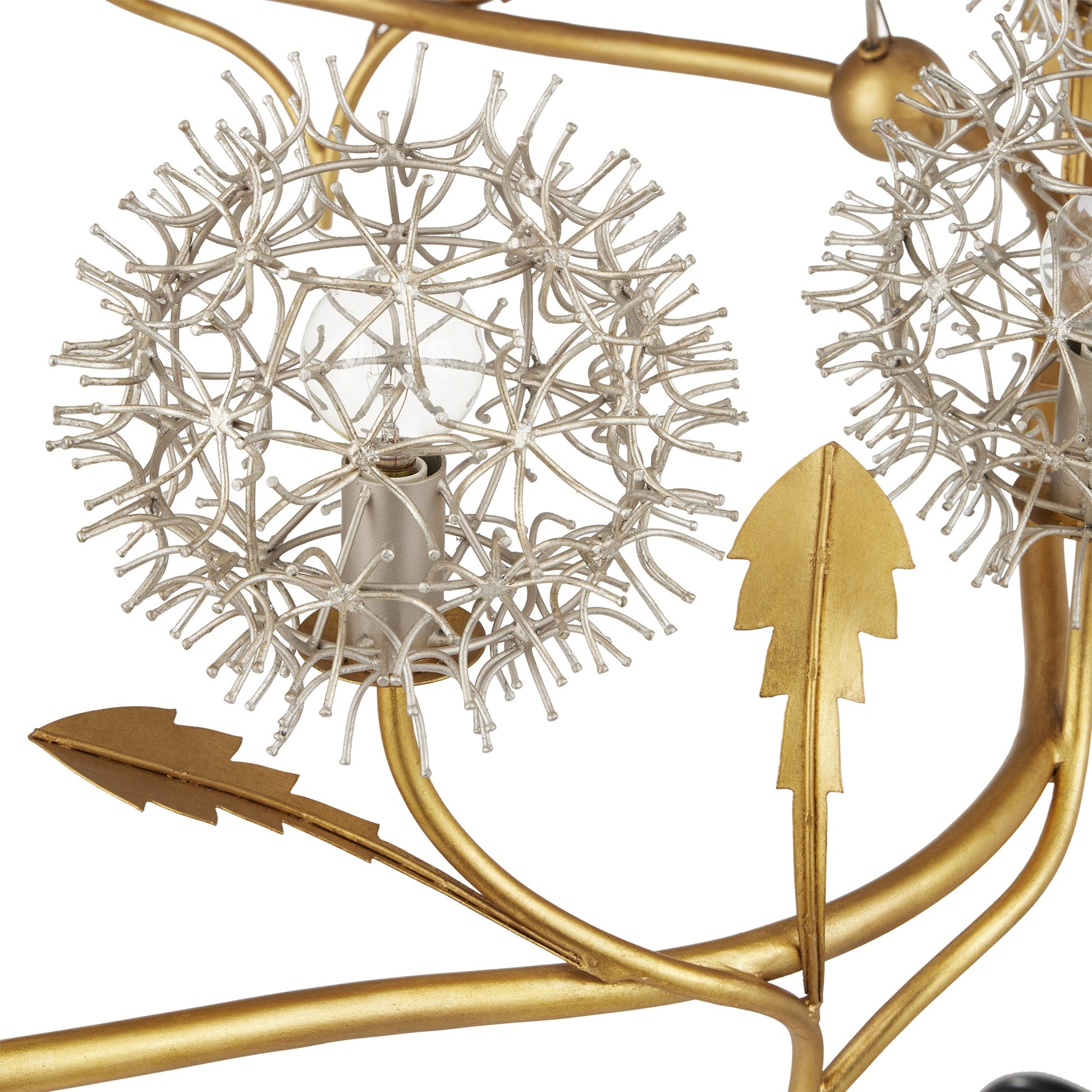 Dandelion Chandelier by Currey and Company in contemporary silver leaf, contemporary gold leaf. Made from wrought iron in a modern style.