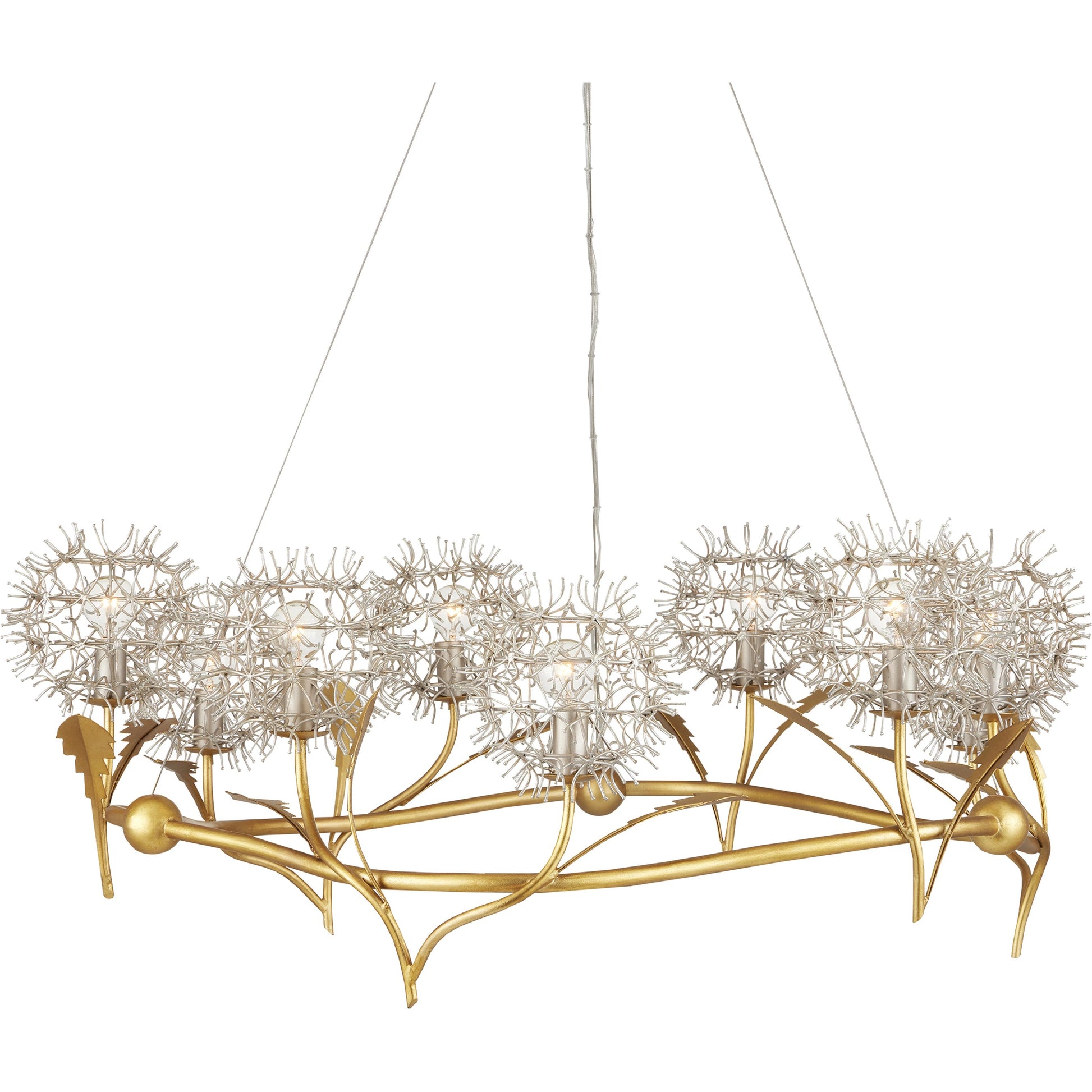 Dandelion Chandelier by Currey and Company in contemporary silver leaf, contemporary gold leaf. Made from wrought iron in a modern style.