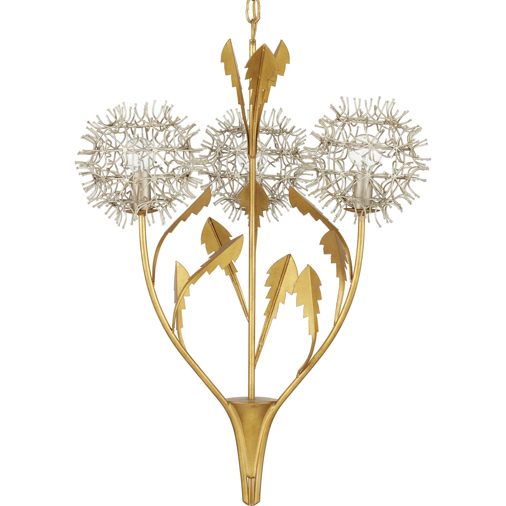 Dandelion Pendant by Currey and Company in contemporary silver leaf, contemporary gold leaf. Made from wrought iron in a modern style.