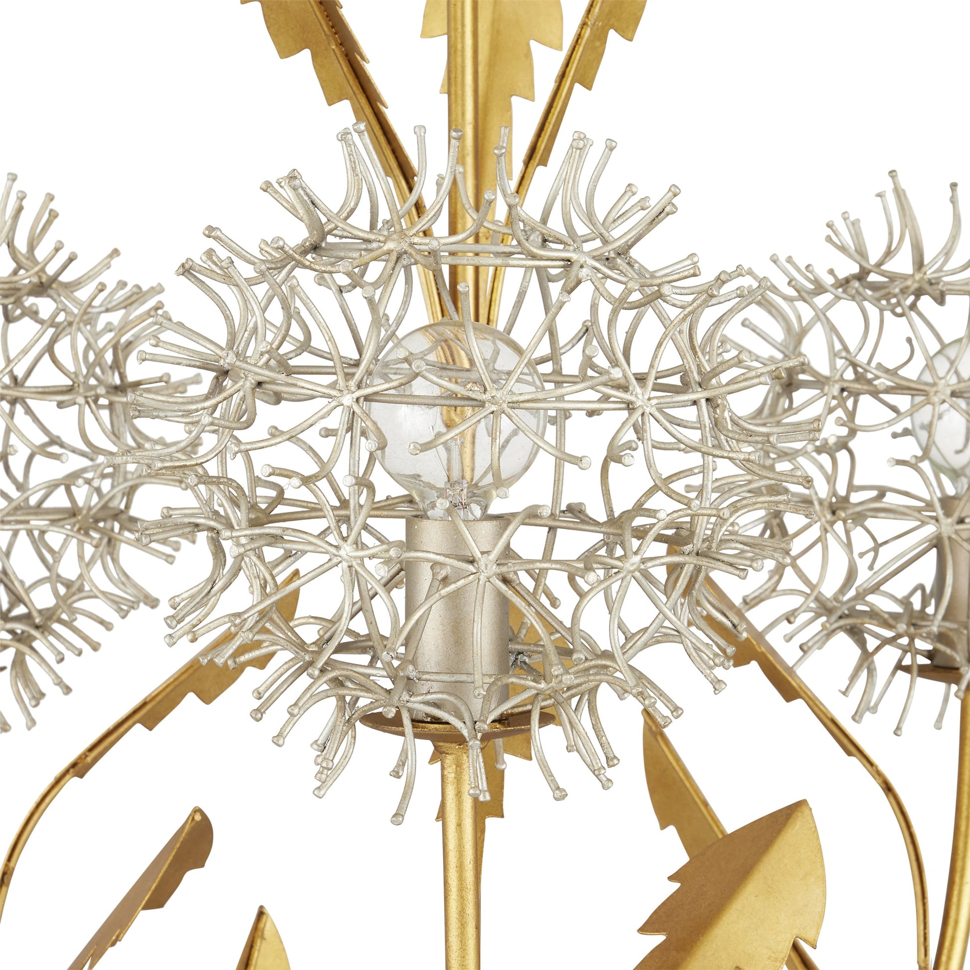 Dandelion Pendant by Currey and Company in contemporary silver leaf, contemporary gold leaf. Made from wrought iron in a modern style.