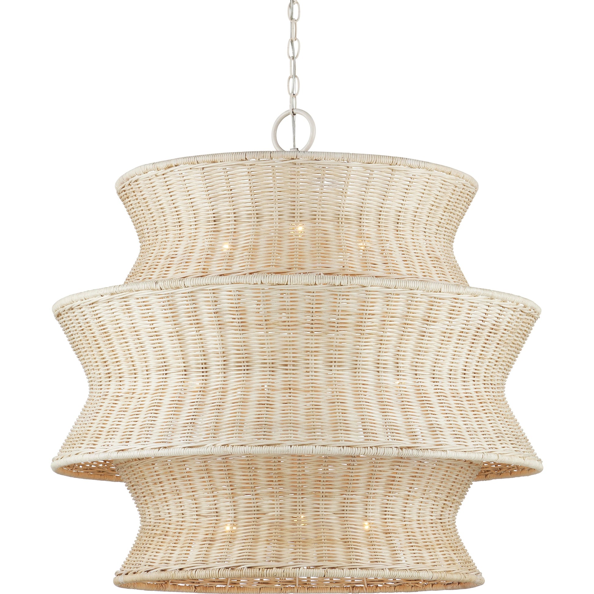 Phebe Rattan Chandelier by Currey and Company in bleached natural, vanilla. Made from rattan, wrought iron in a cottage & farmhouse style.