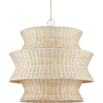 Phebe Rattan Chandelier by Currey and Company in bleached natural, vanilla. Made from rattan, wrought iron in a cottage & farmhouse style.