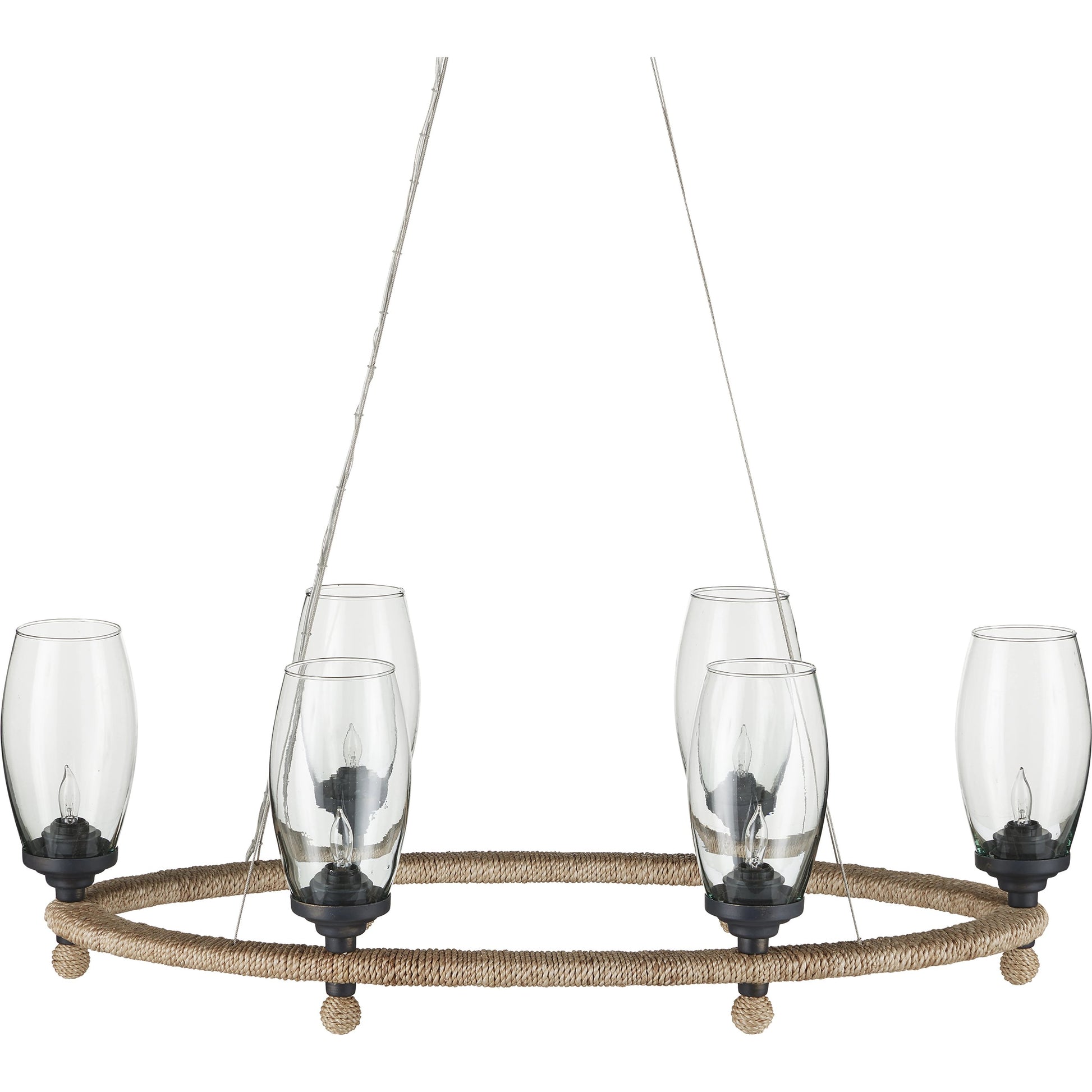 Hightider Glass Oval Chandelier by Currey and Company in natural, clear, french black. Made from wrought iron, abaca rope, recycled glass in a modern style.