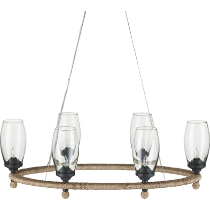 Hightider Glass Oval Chandelier by Currey and Company in natural, clear, french black. Made from wrought iron, abaca rope, recycled glass in a modern style.