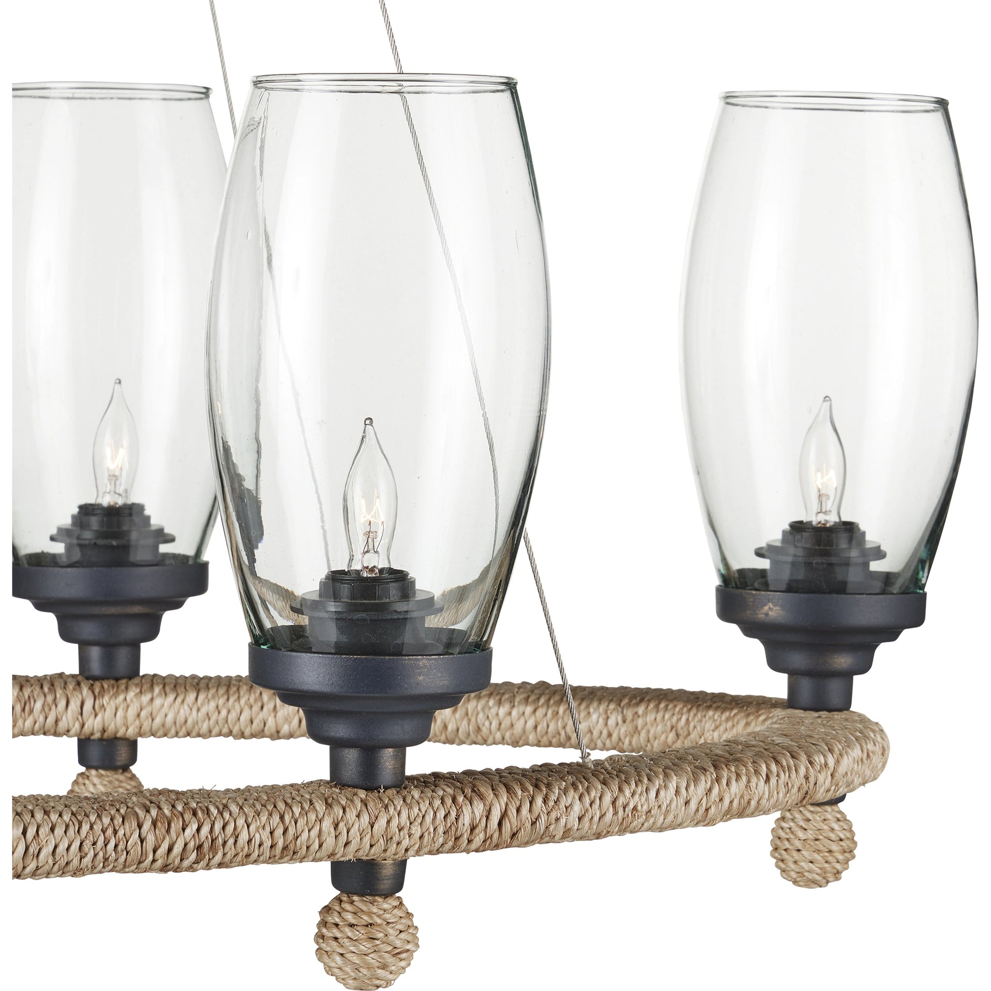 Hightider Glass Oval Chandelier by Currey and Company in natural, clear, french black. Made from wrought iron, abaca rope, recycled glass in a modern style.