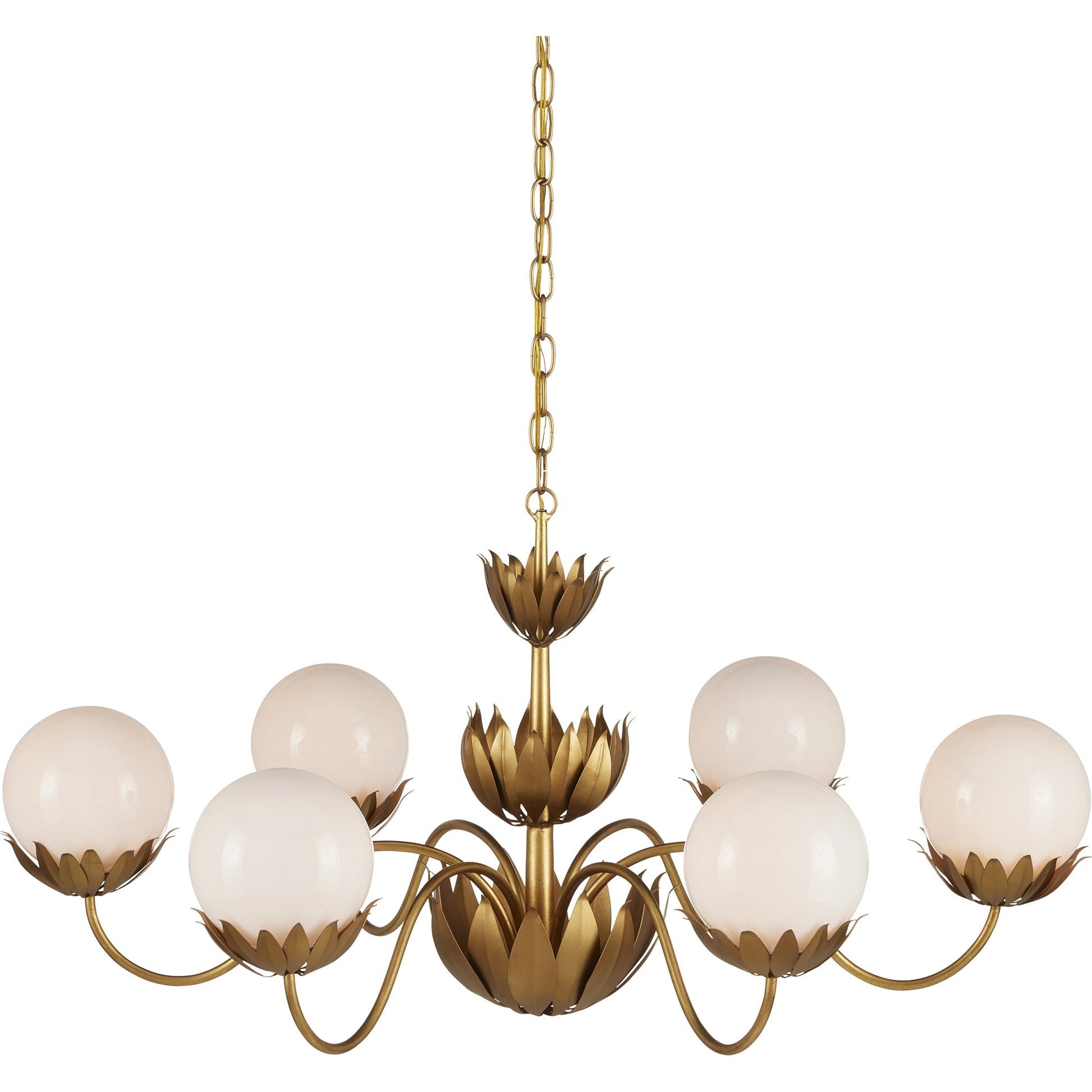 Mirasole Chandelier by Currey and Company in contemporary gold leaf, gold, white. Made from wrought iron, glass in a traditional style.