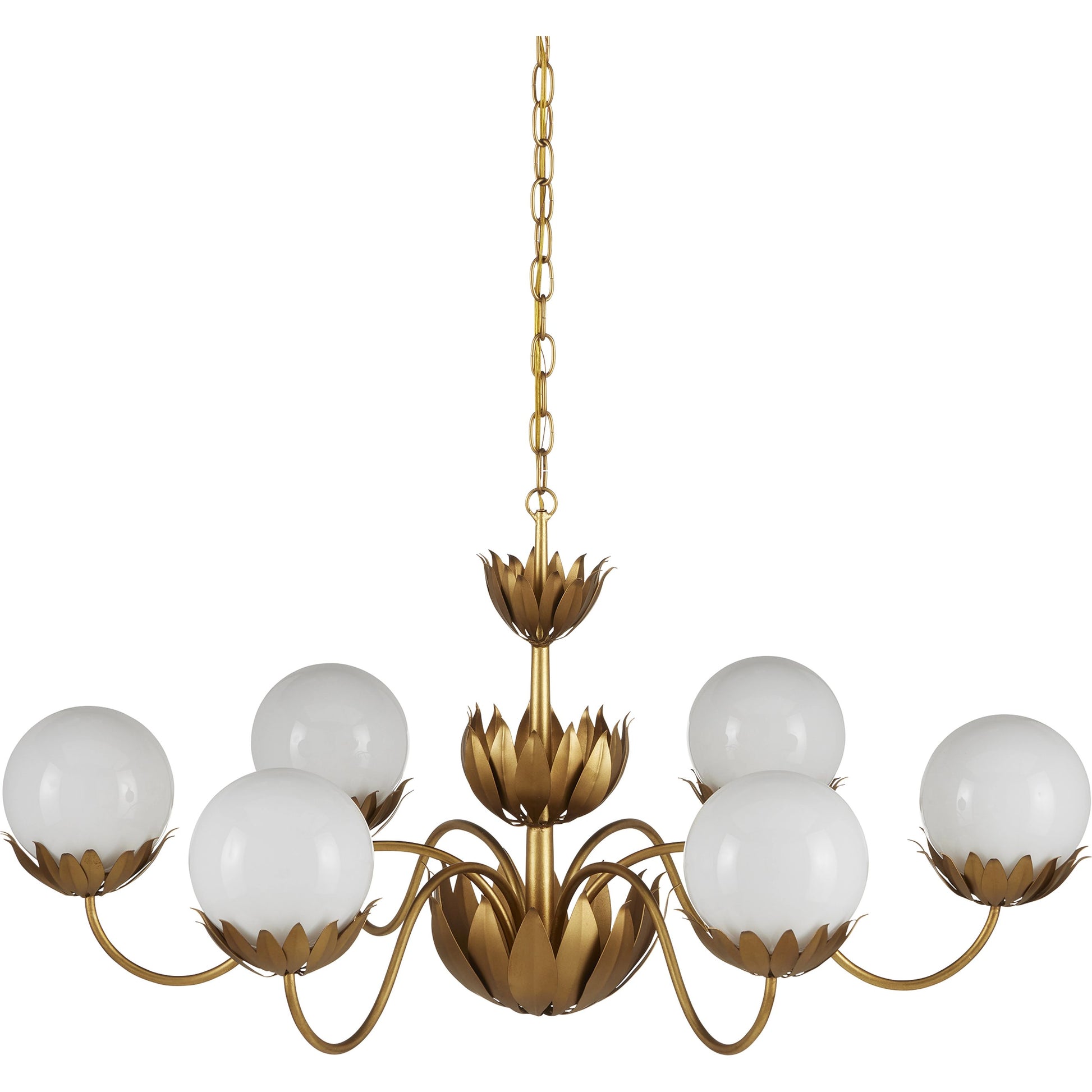 Mirasole Chandelier by Currey and Company in contemporary gold leaf, gold, white. Made from wrought iron, glass in a traditional style.