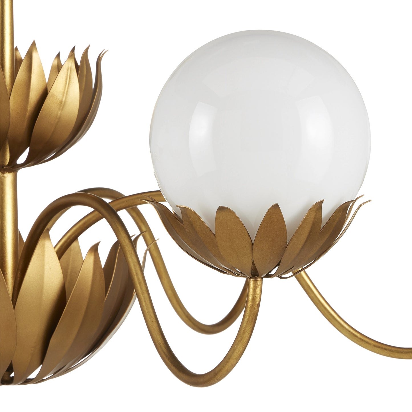 004 SI-2007814 | Closeup | Mirasole Chandelier by Currey and Company in contemporary gold leaf, gold, white. Made from wrought iron, glass in a traditional style.