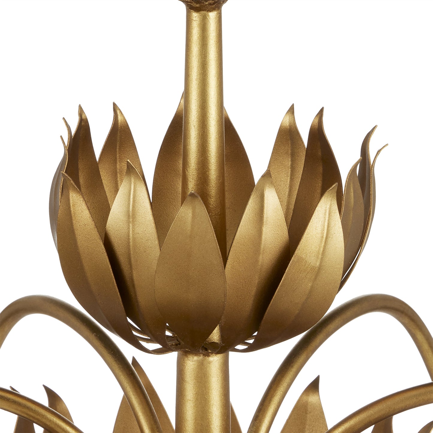 005 SI-2007814 | Closeup | Mirasole Chandelier by Currey and Company in contemporary gold leaf, gold, white. Made from wrought iron, glass in a traditional style.