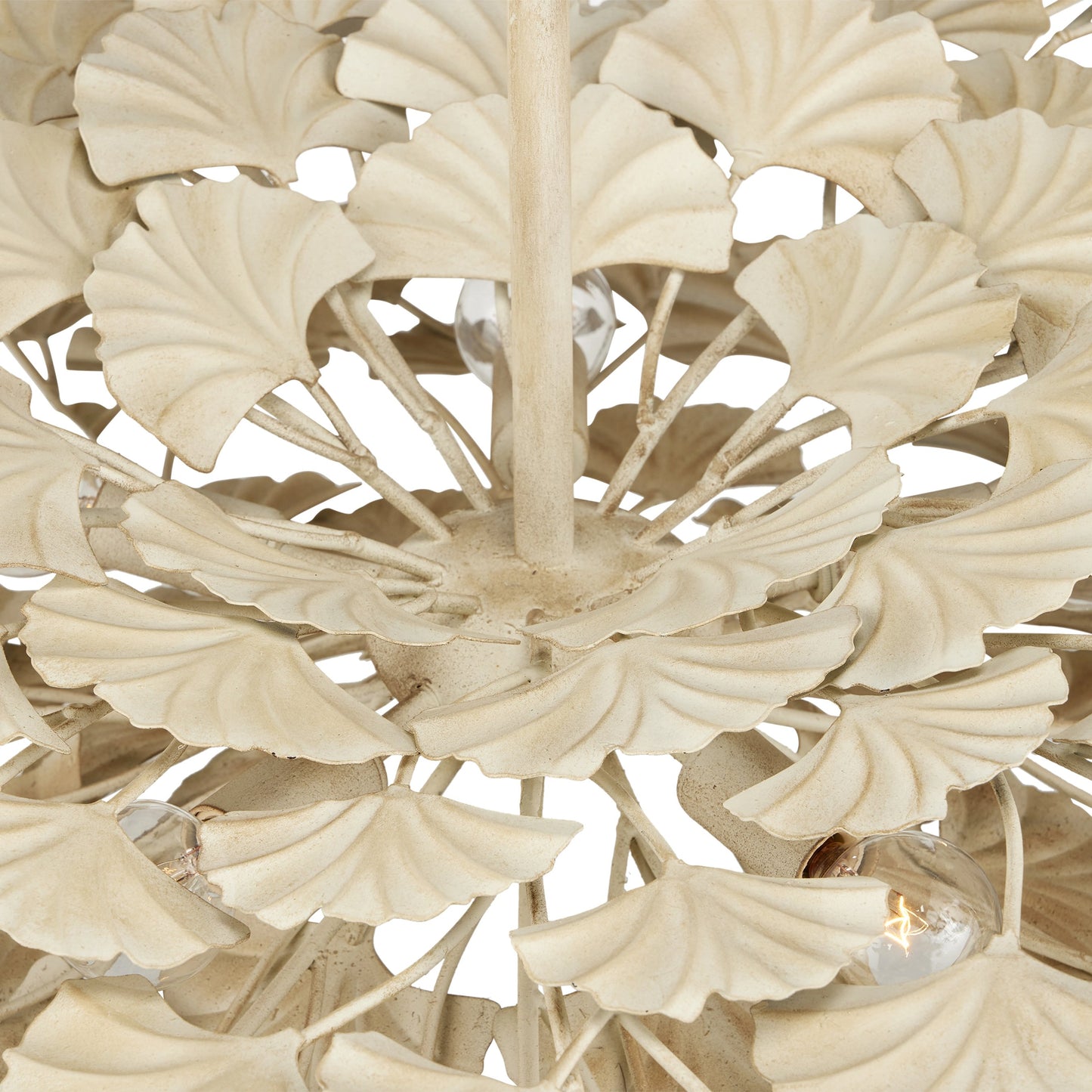 004 SI-2007794 | Closeup | Maidenhair Cream Semi-Flush Mount by Currey and Company in antique pearl. Made from wrought iron in a modern style.
