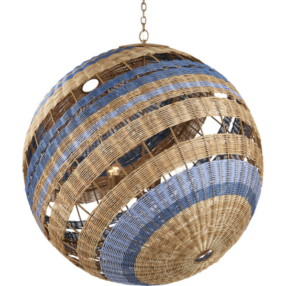 Senjyo Tilted Orb Chandelier by Currey and Company in khaki, natural, cornflower, blue bonnet. Made from rattan, wrought iron in a coastal style.