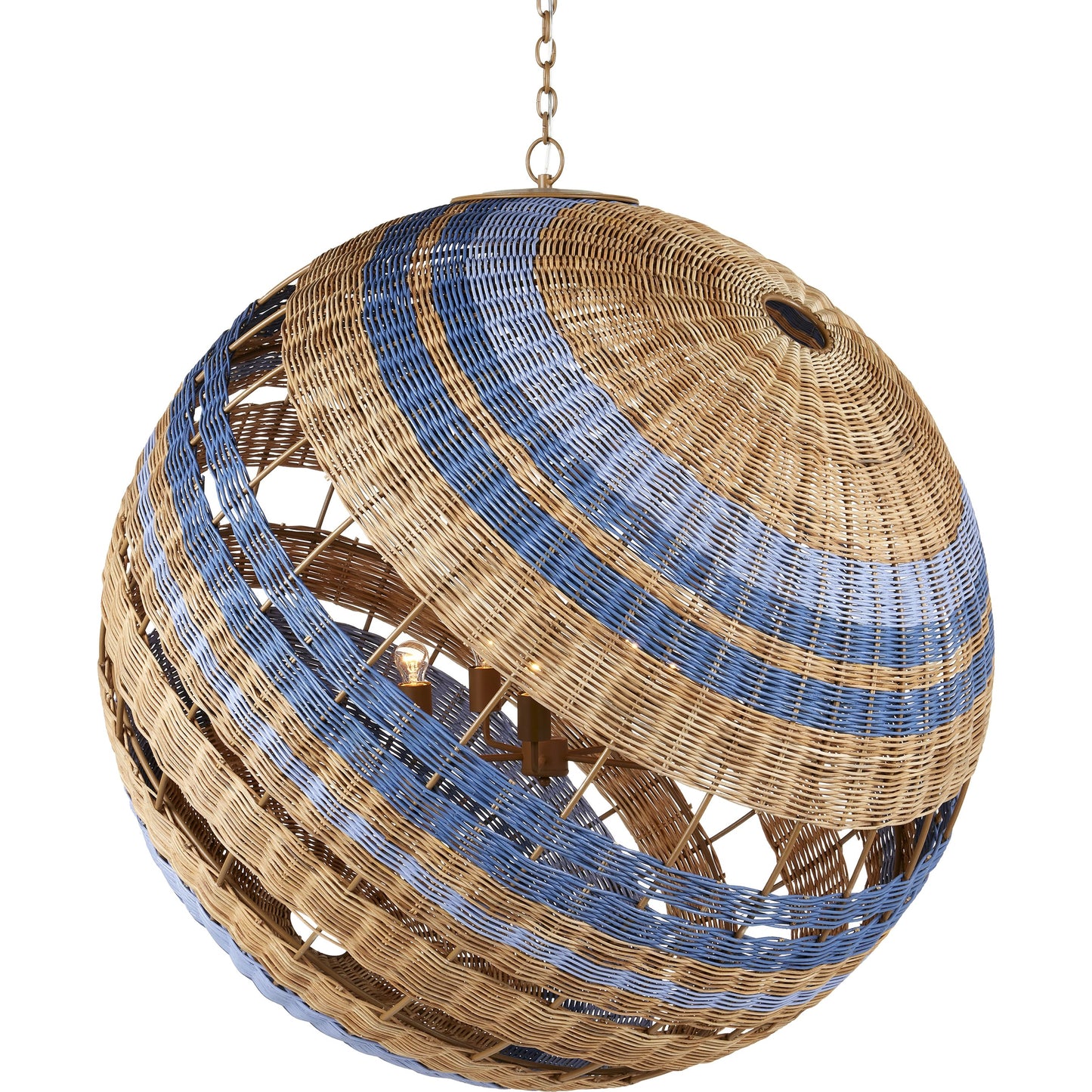 001 SI-2007859 | Primary Silo | Senjyo Tilted Orb Chandelier by Currey and Company in khaki, natural, cornflower, blue bonnet. Made from rattan, wrought iron in a coastal style.