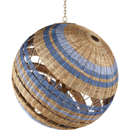 Senjyo Tilted Orb Chandelier by Currey and Company in khaki, natural, cornflower, blue bonnet. Made from rattan, wrought iron in a coastal style.