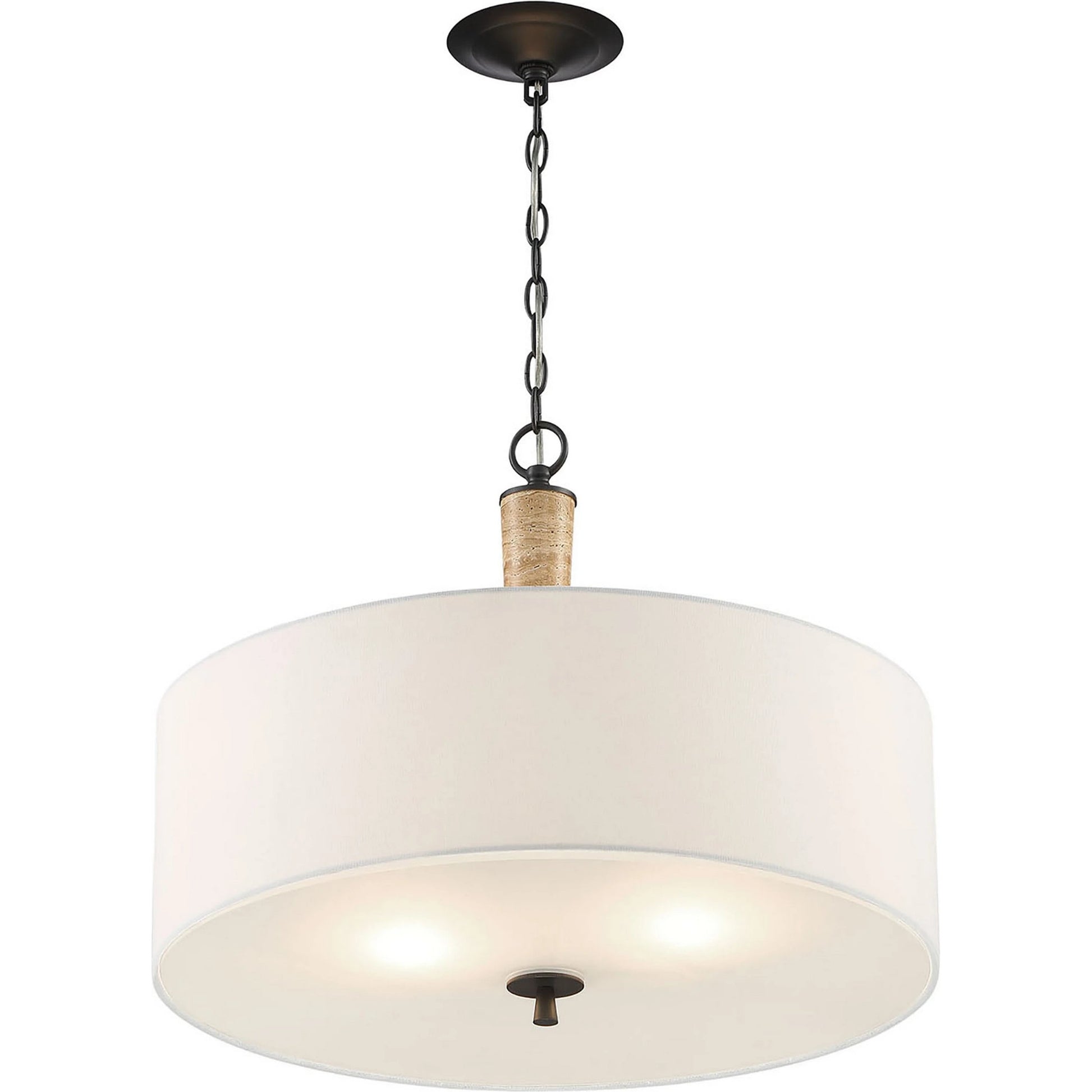 Sullivan 2-Light Drum Chandelier by Lumanity in oil rubbed bronze. Made from iron, travertine, glass in a modern style.