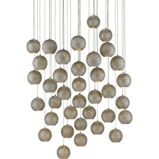 Giro Pendant by Currey and Company in painted silver, nickel, blue. Made from metal, glass bead in a modern style.