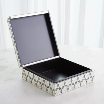Capiz Shell Box by Global Views in nickel. Made from mdf, stainless steel, capiz shell, mother of pearl in a eclectic & global style.